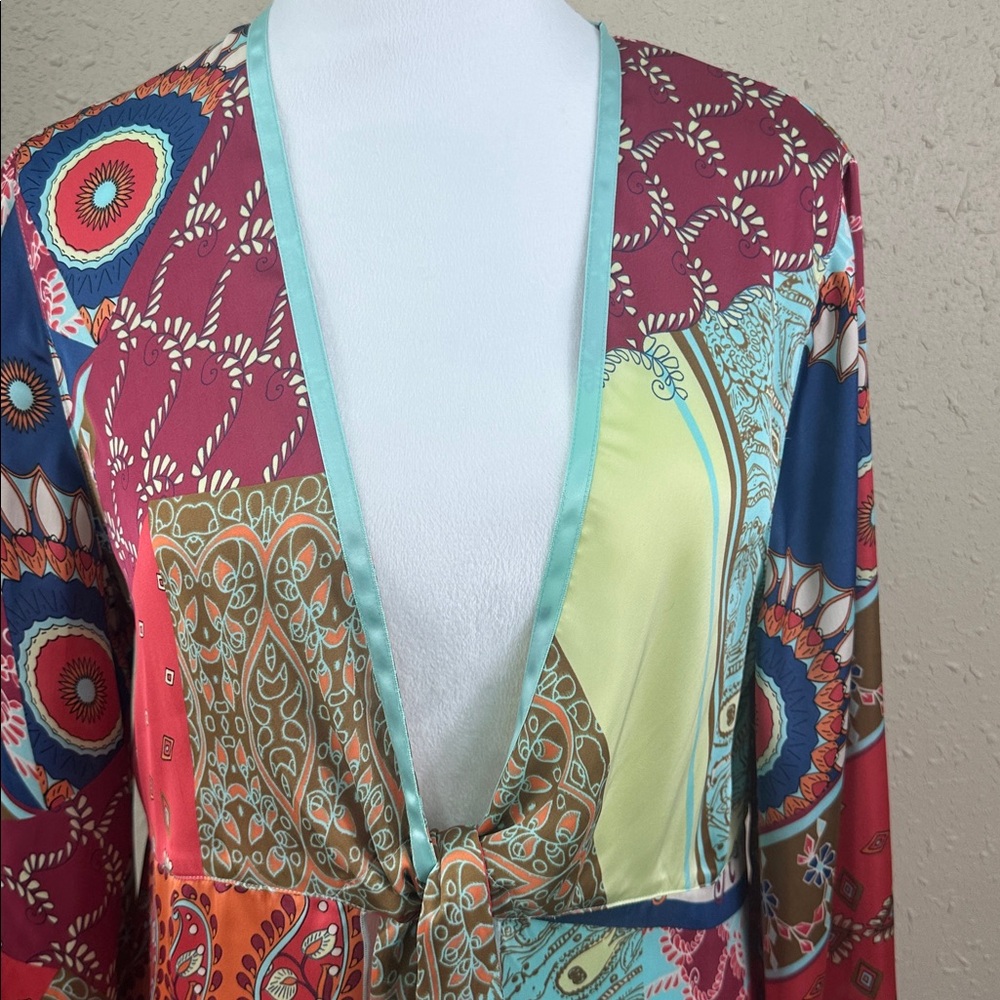 CAbi patchwork tie-front kimono or tunic, Style 914 parsley floral print size M - Picture 2 of 8